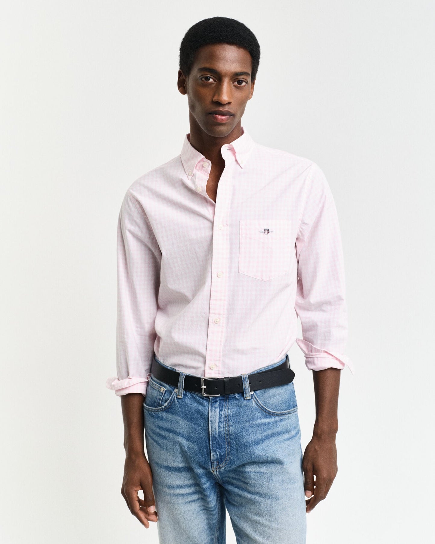 Chemise en popeline de coton à carreaux Gingham coupe droite