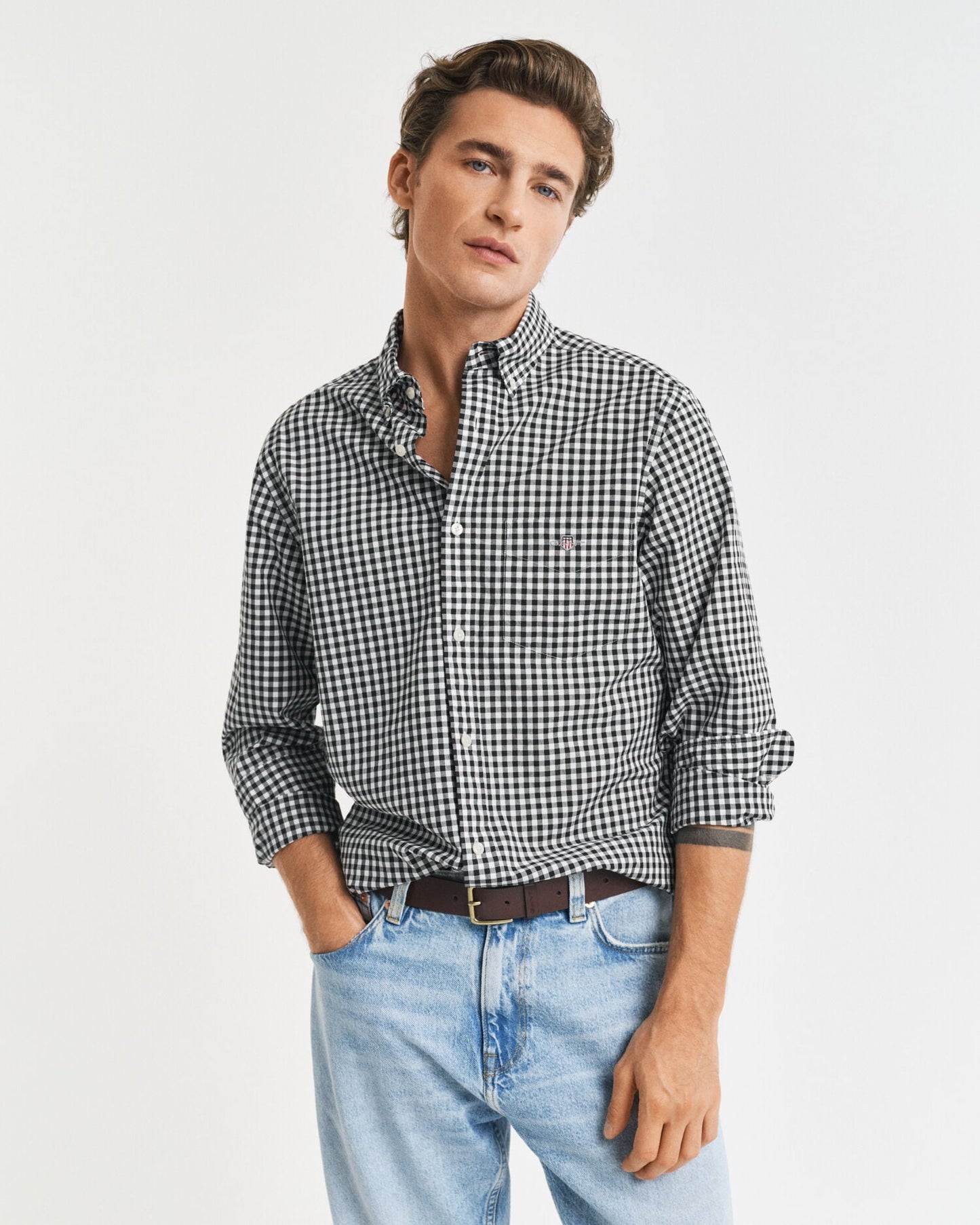 Chemise en popeline de coton à carreaux Gingham coupe droite