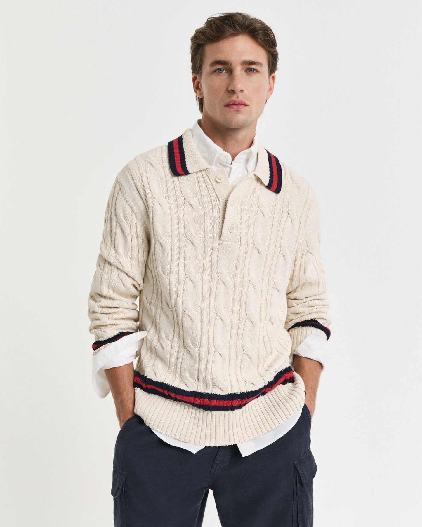 Zopfstrick-Polo-Pullover