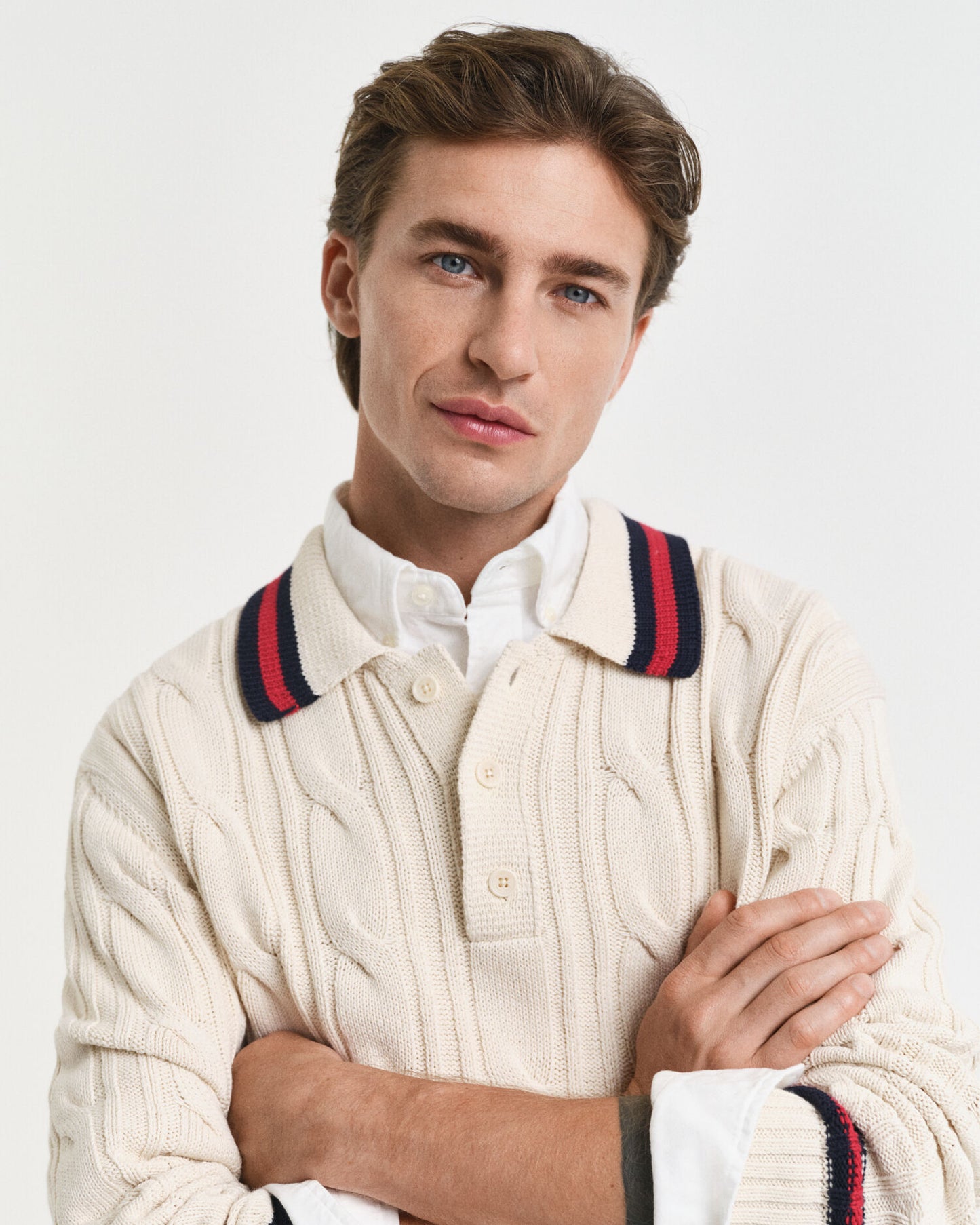 Zopfstrick-Polo-Pullover