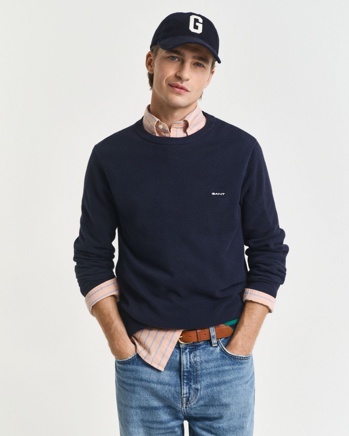 Pull en piqué de coton à col rond