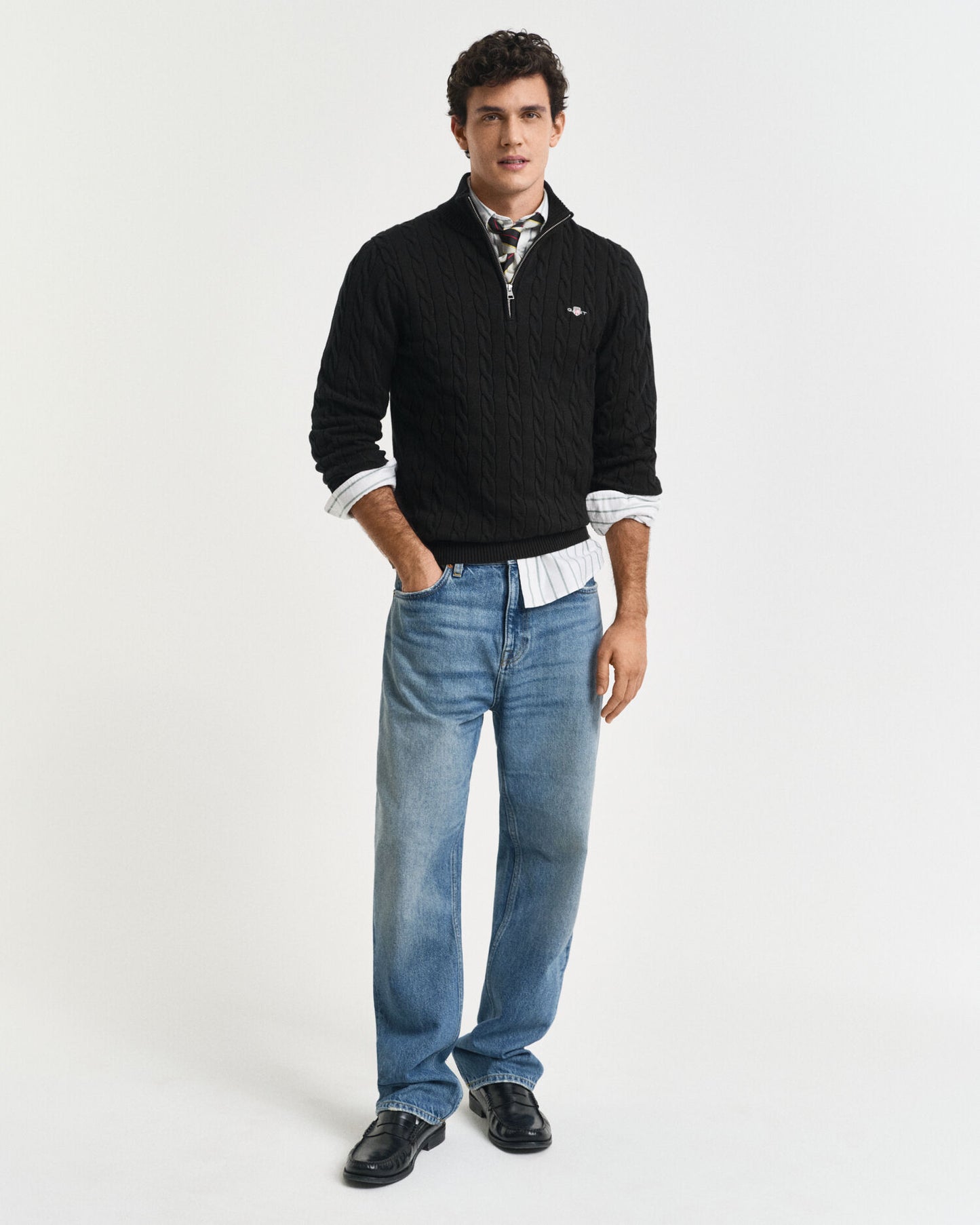 Pull demi-zip en coton tricoté torsadé