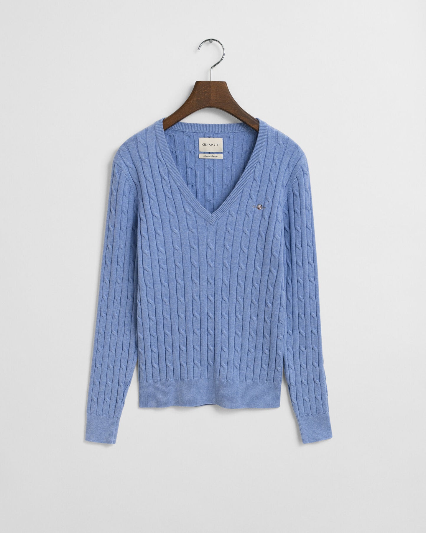 Stretch Cotton Cable Knit V-Neck Sweater