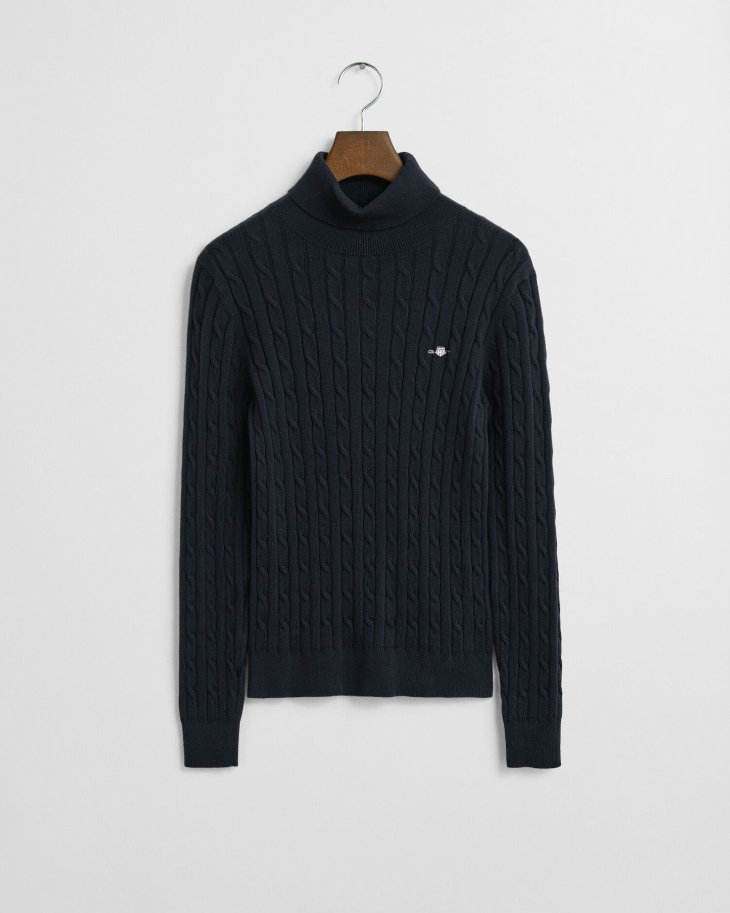 Stretch Cotton Cable Knit Turtleneck Sweater