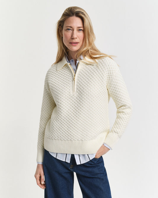 Baumwollpullover mit Textur und halbem Reißverschluss