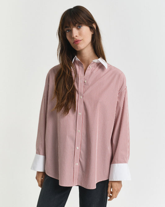 Oversized Contrast Collar Striped Shirt