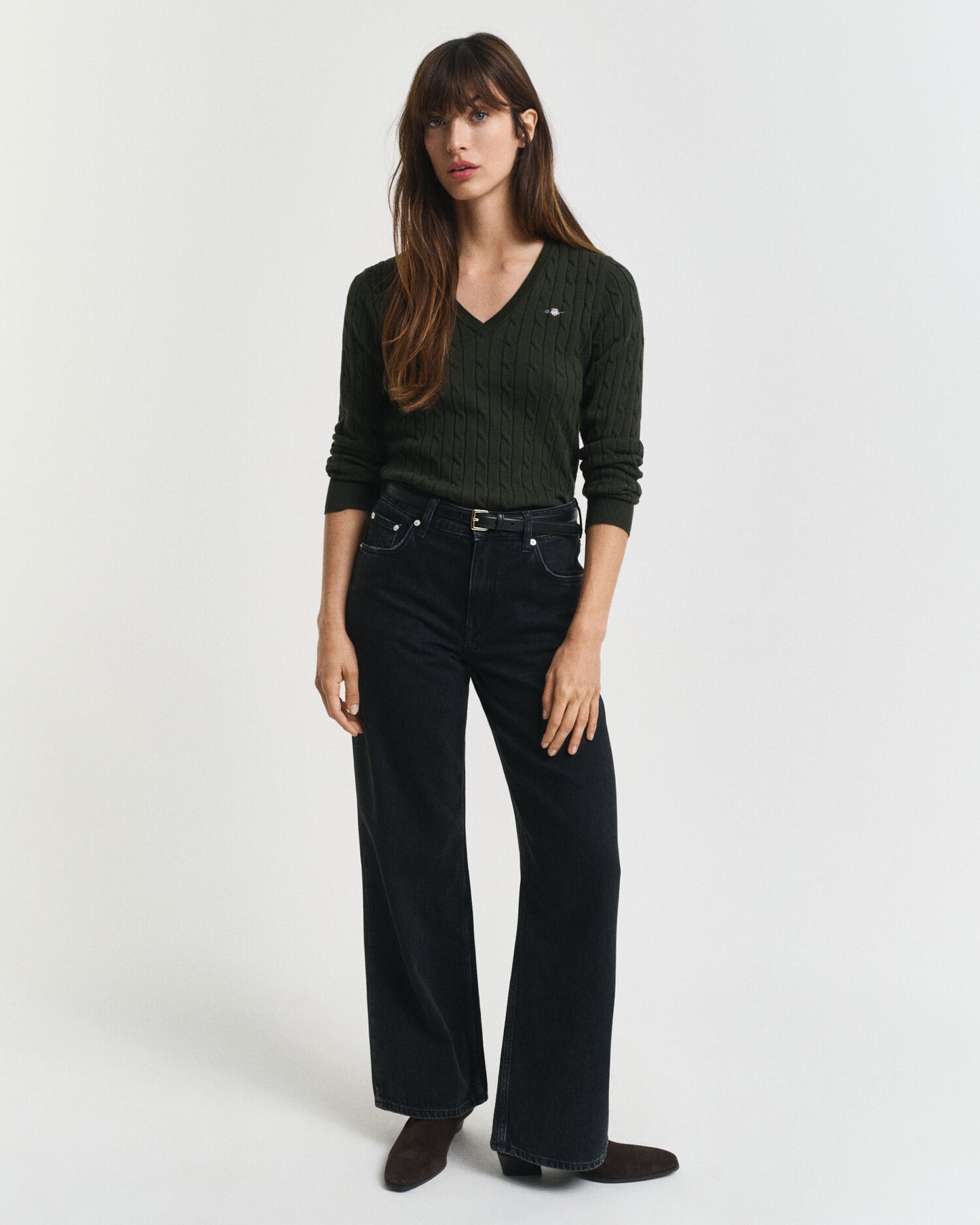 Stretch Cotton Cable Knit V-Neck Sweater