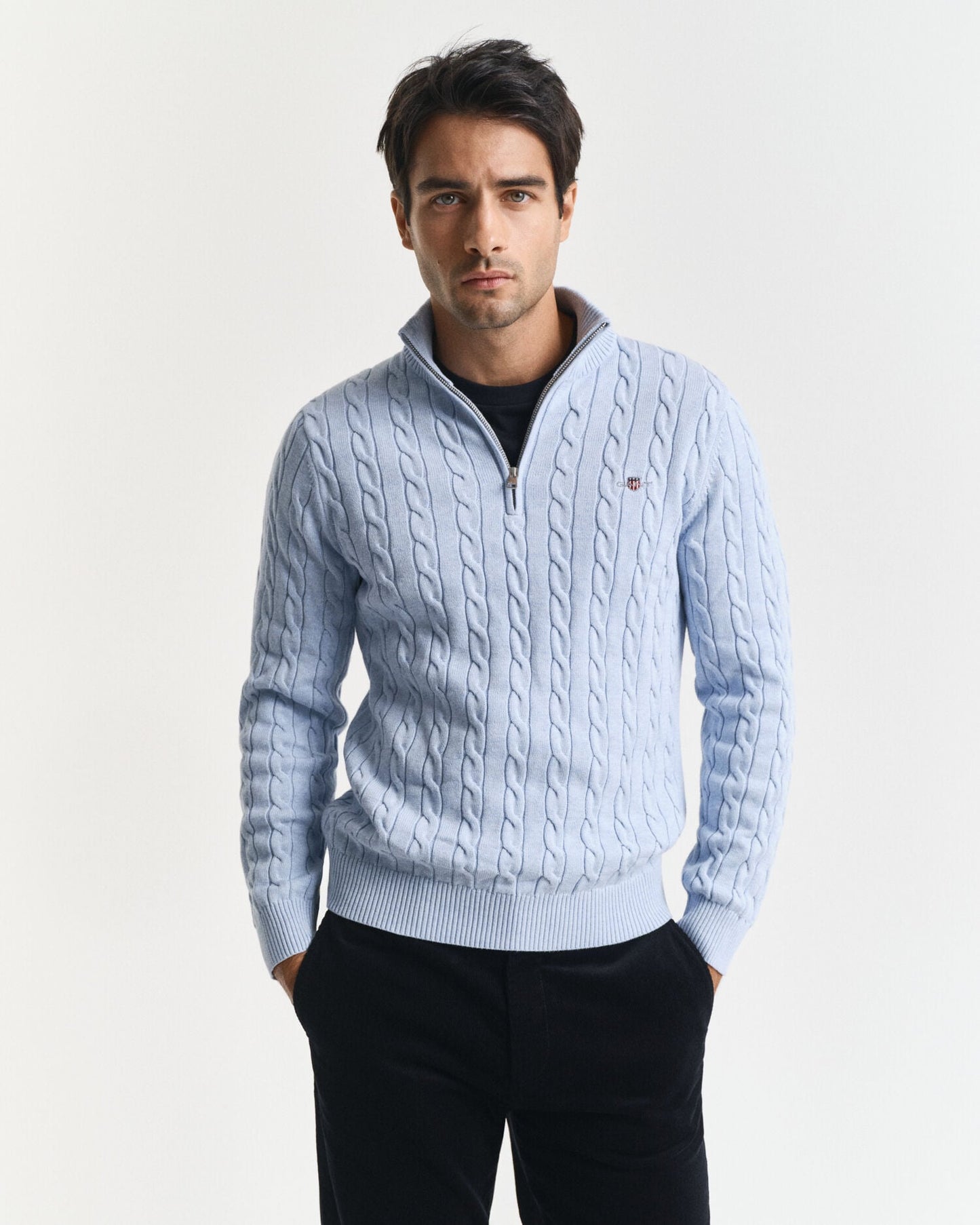 Pull demi-zip en coton tricoté torsadé