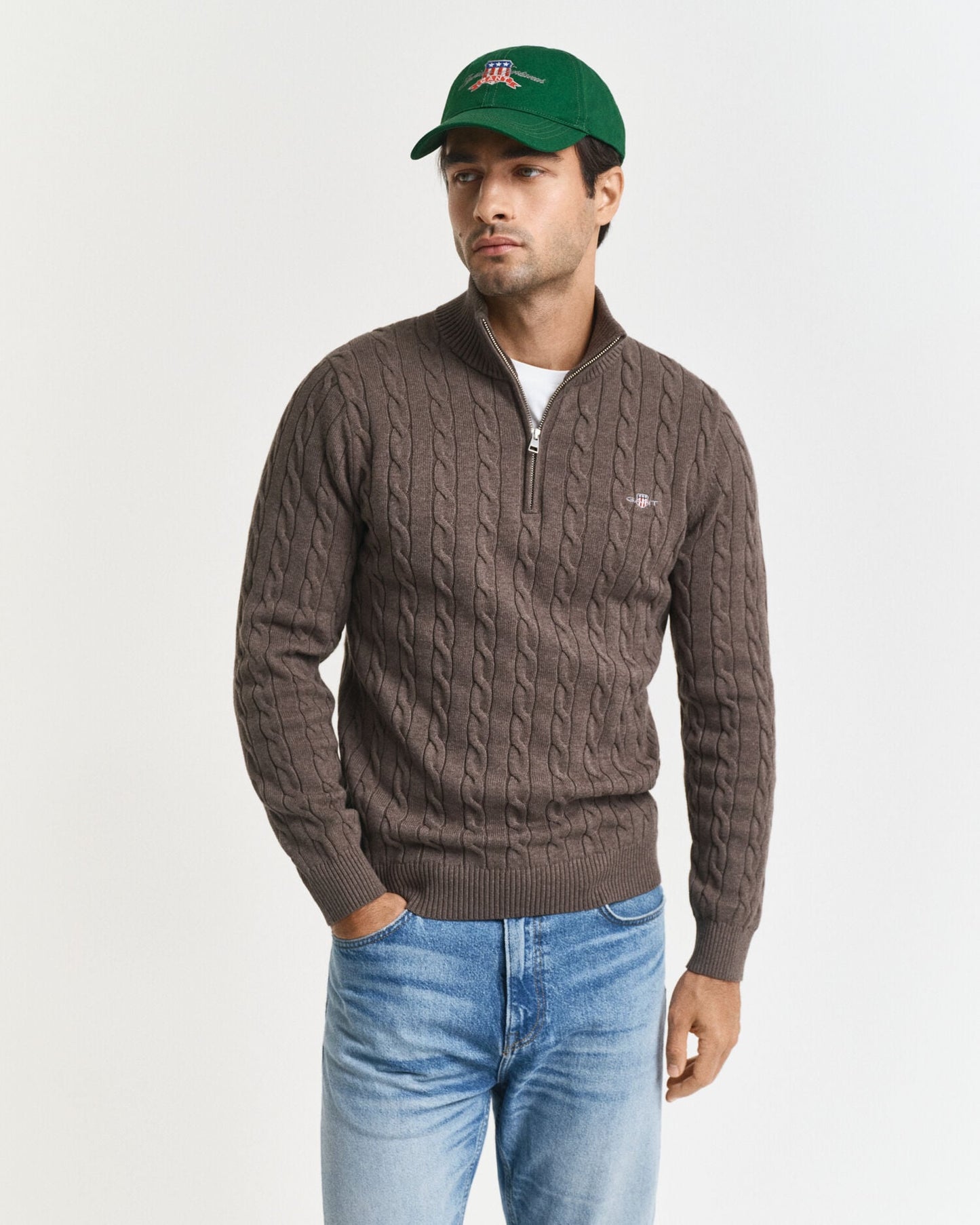 Pull demi-zip en coton tricoté torsadé