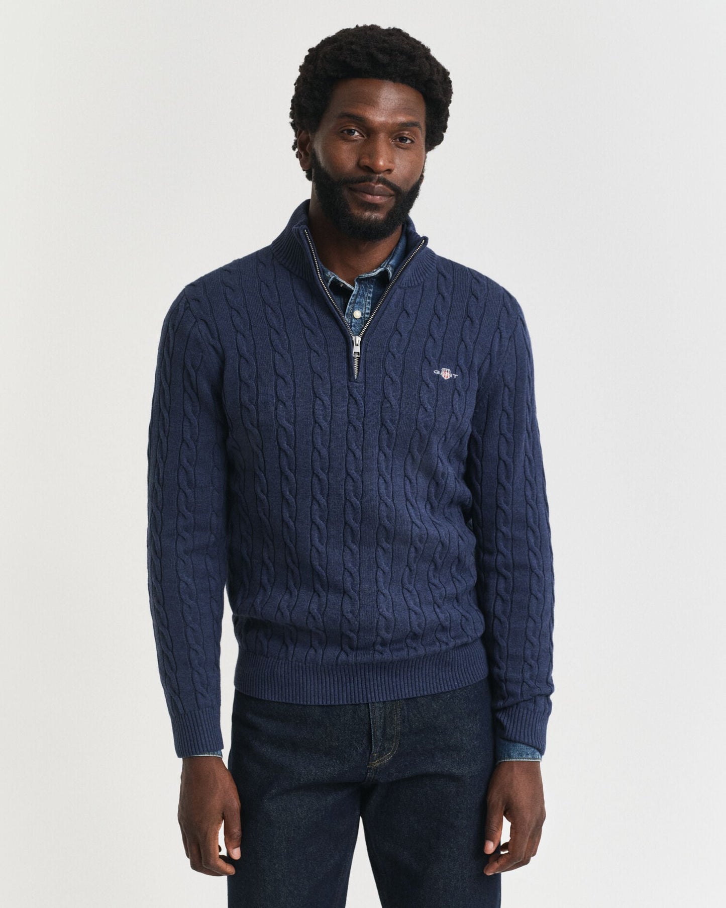 Pull demi-zip en coton tricoté torsadé