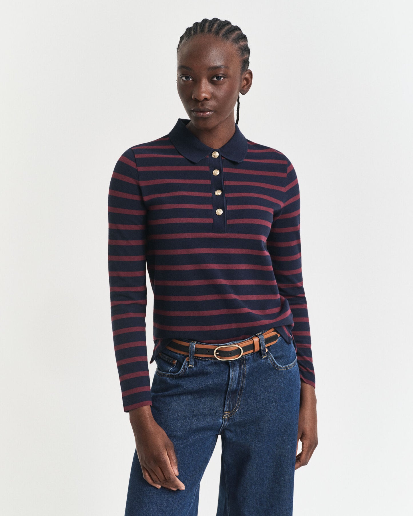 Bretonischer Pique-Langarm-Polo-Shirt mit Streifen