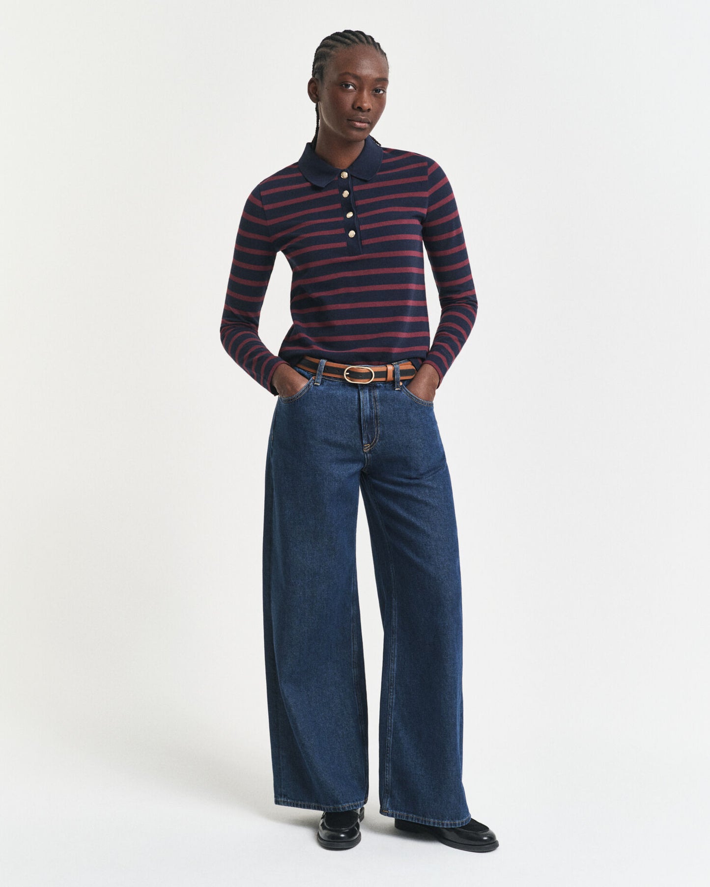 Bretonischer Pique-Langarm-Polo-Shirt mit Streifen