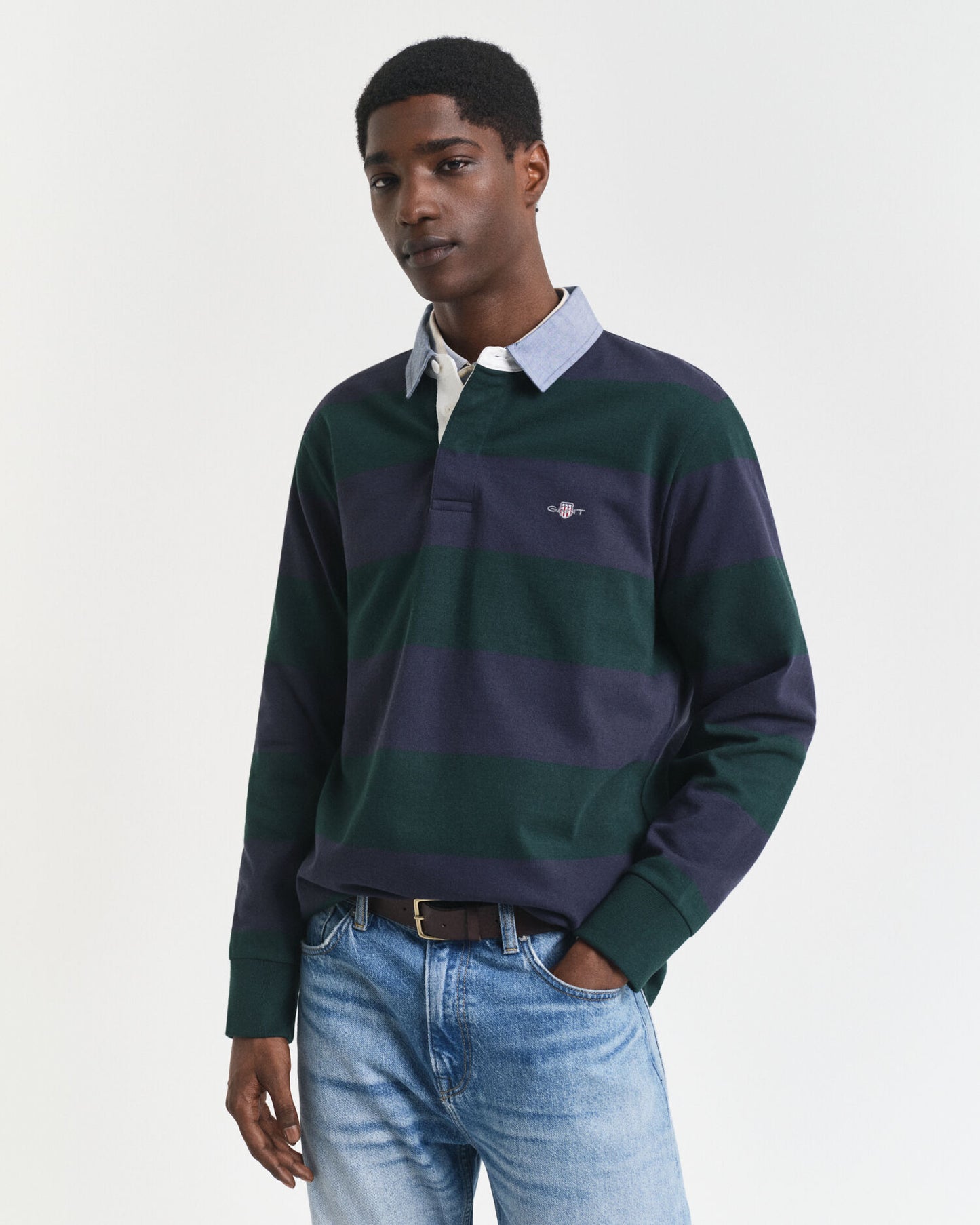 Gestreifter Heavy Rugger mit Chambray-Kragen