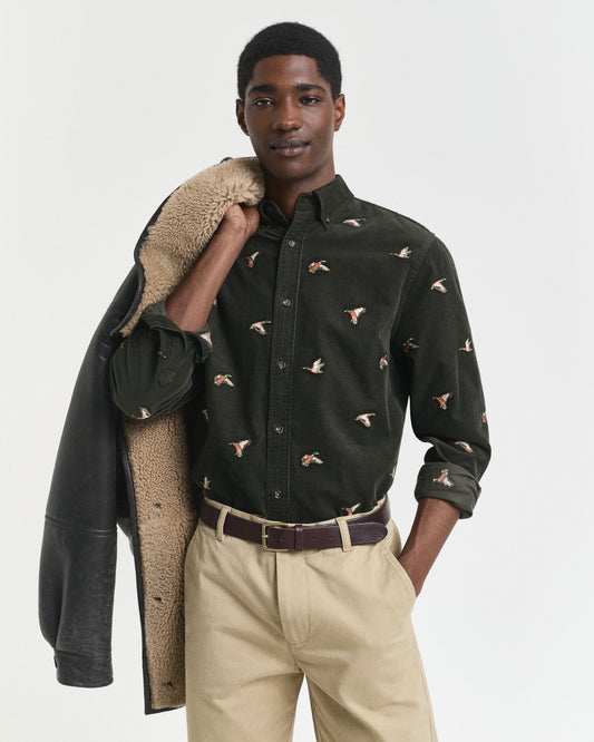 Chemise regular brodée en velours côtelé