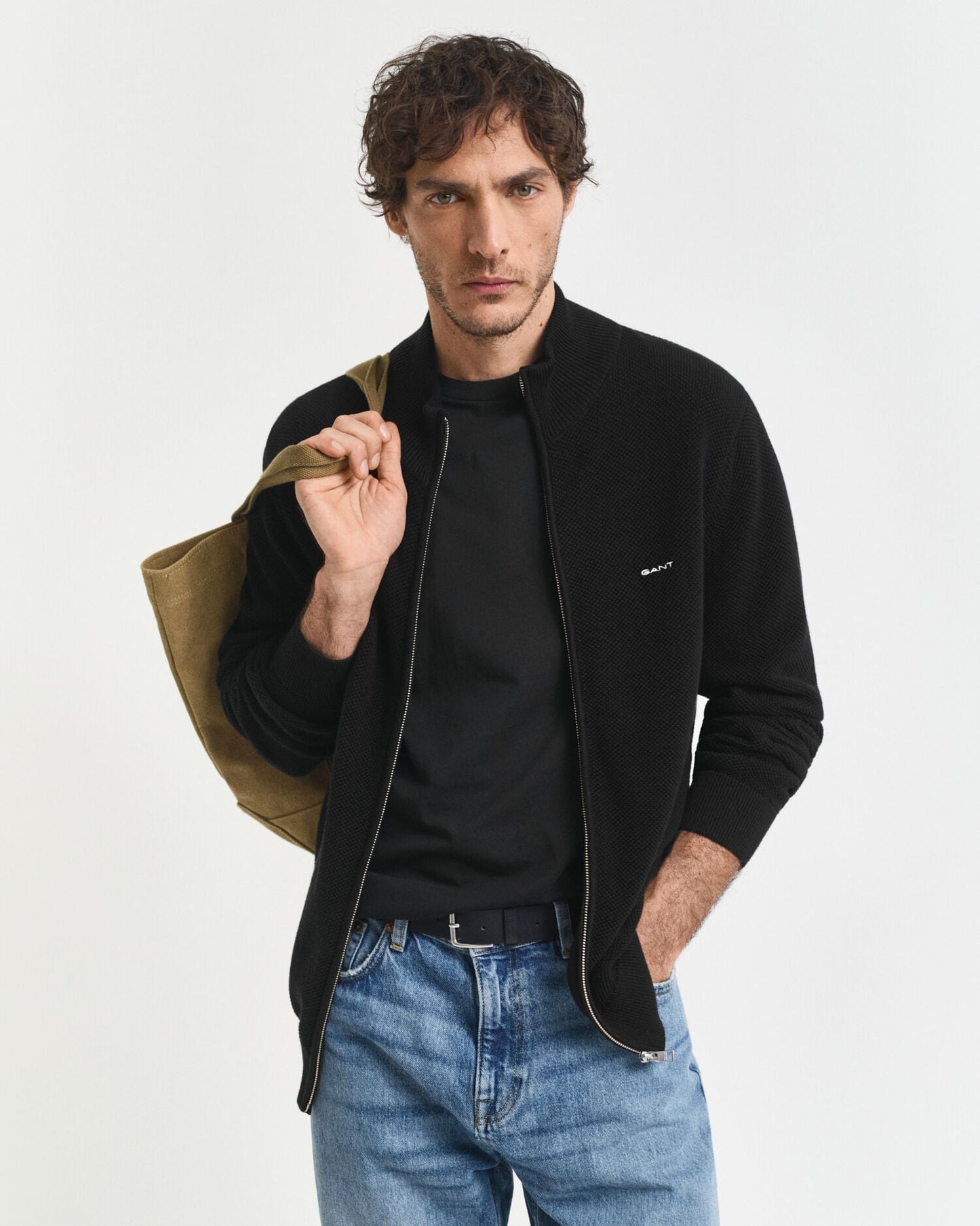 Baumwoll-Piqué-Strickjacke mit Reißverschluss